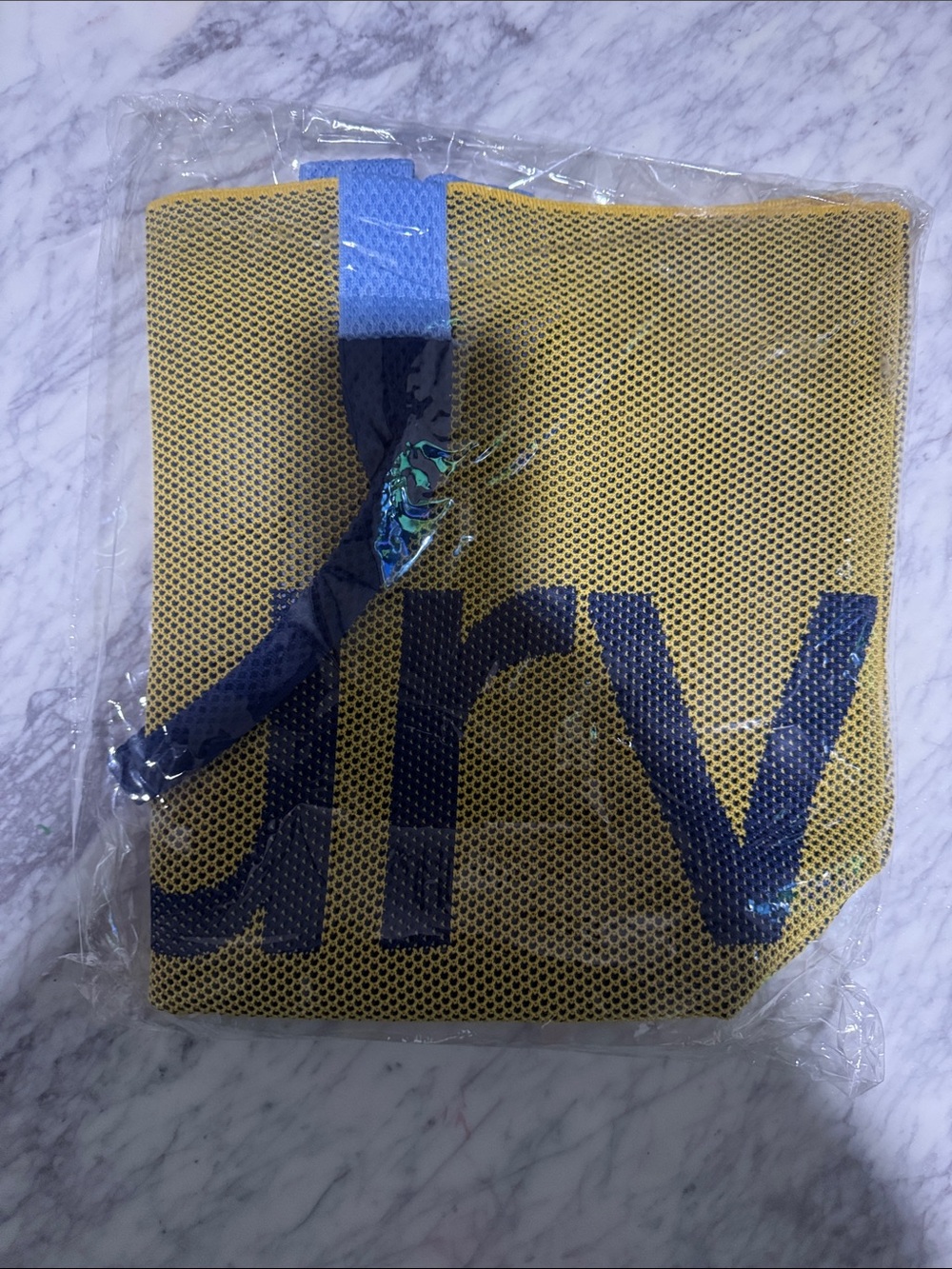 Yellow Mesh Tote Bag with Navy Accent